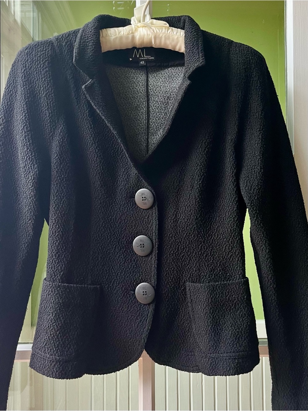 ML Collections Black Textured Three-Button Blazer Tailored Fitted Luxy